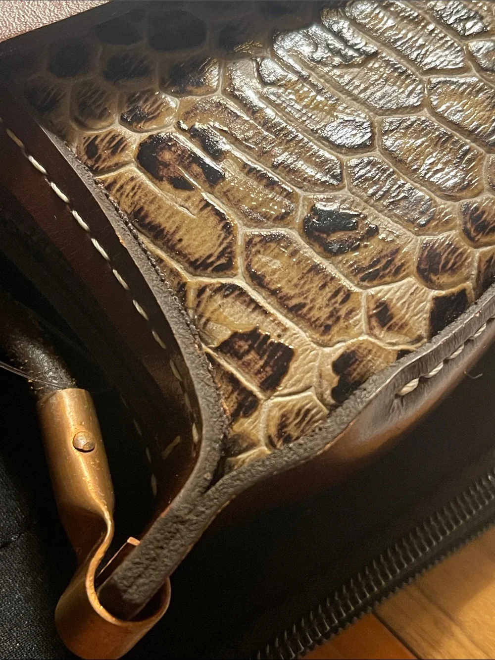 Handmade leather faux Snake-Embossed Crossbody Bag in rich Brown and Cream color
